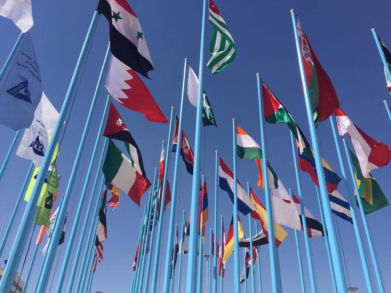 العلم الوطني لجمهورية أبخازيا يرفرف في ساحات المعرض الدولي المقام في عاصمة الجمهورية العربية السورية دمشق .